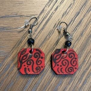 NWT Hand Painted Hand Made Red and Black Cork Earrings